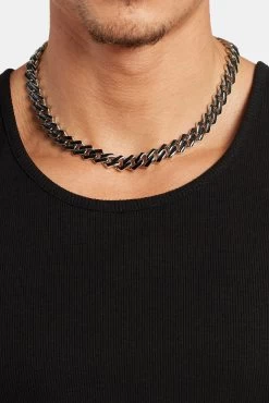 14mm Stainless Steel Black Enamel Prong Cuban Chain