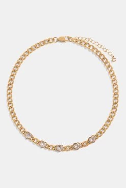 7mm Gold Plated CZ Heart Cuban Choker -JWL 7MM CZHCCH G 0573