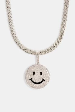 Large Iced CZ Happy Face Pendant -JWL 8MM IOCC WG1