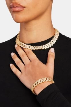 Women's 14mm Iced Prong Link Chain - Gold -JWL AU 14MM IPLC G AU 14MM DPLB G