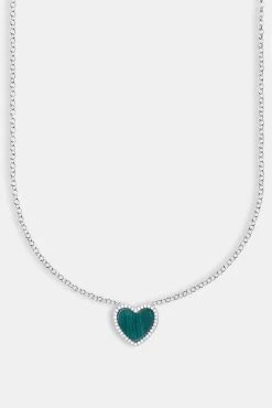 Green Malachite Heart Necklace - White