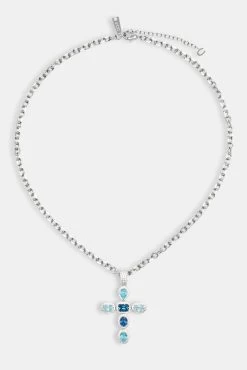 Iced Blue Cross Necklace - White -JWL CH ICECROSSPB
