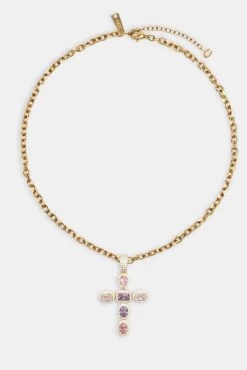 Iced Pink Cross Necklace - Gold -JWL CH ICECROSSPP