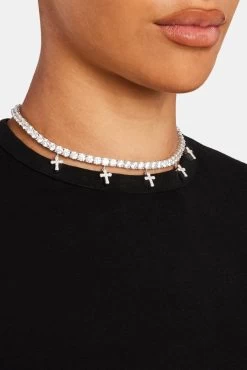 Iced Tennis Drop Cross Choker -JWL CH ITDCC WG1