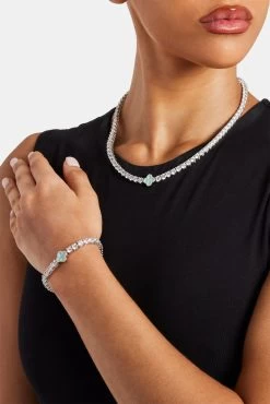 Womens Light Green Motif Tennis Chain + Bracelet