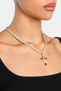 Multi Colour Gem Cross Pendant & 5mm Tennis Chain - Gold -JWL CH MCOLCROSS 1
