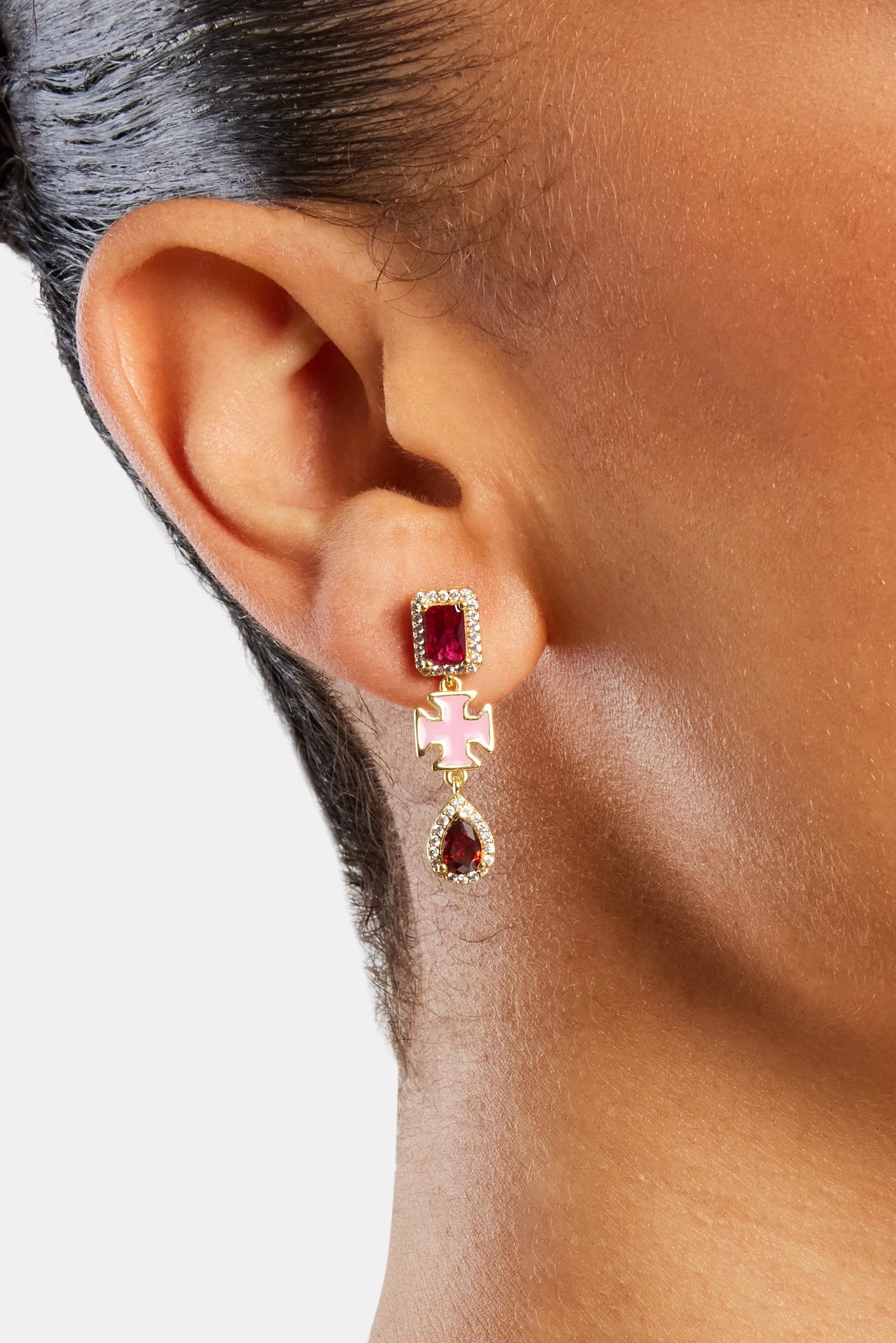 Pink Multi Gem Drop Earrings - Gold 4 Pink Multi Gem Drop Earrings - Gold - Image 2