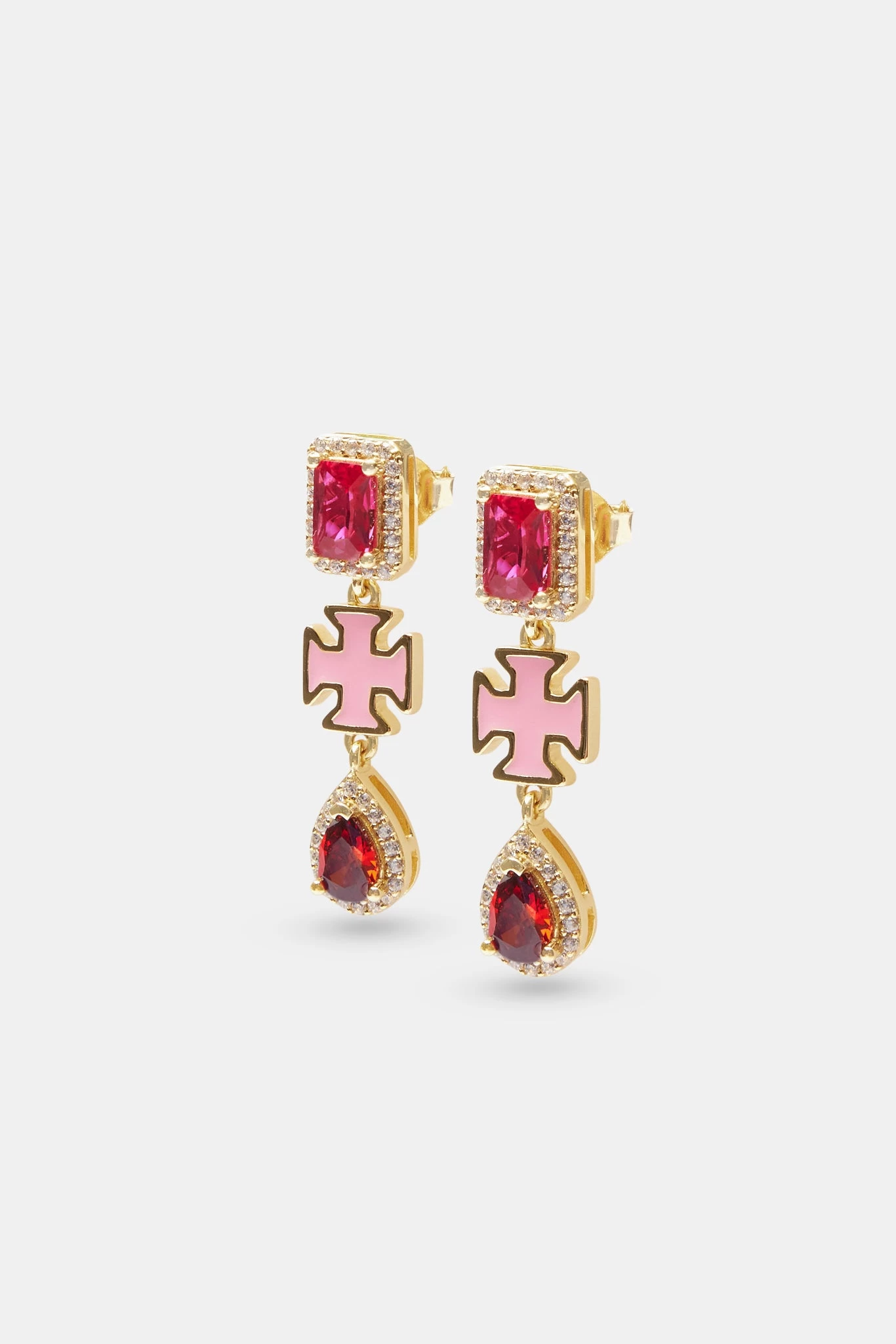 Pink Multi Gem Drop Earrings - Gold 3 Pink Multi Gem Drop Earrings - Gold
