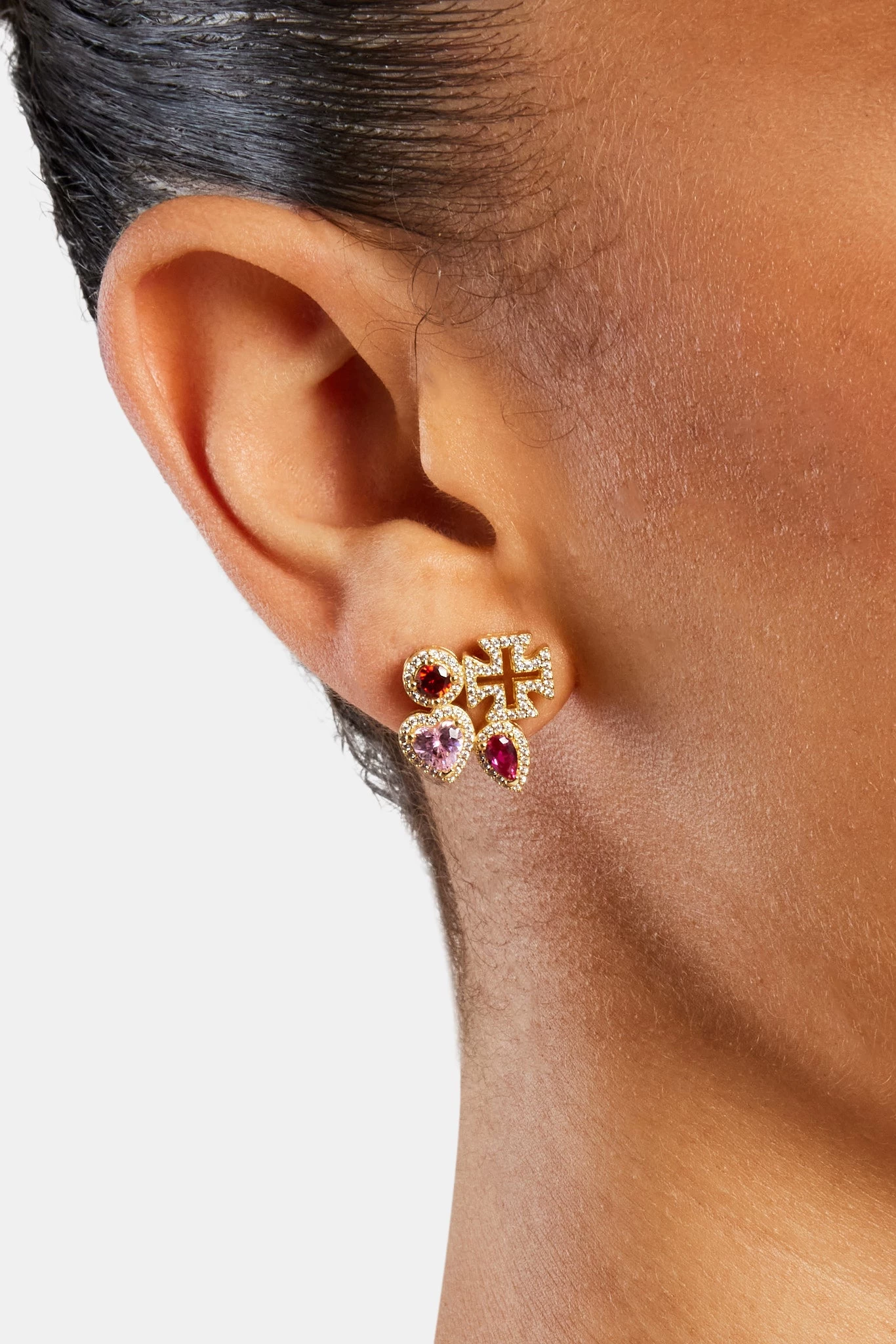 Pink Multi Gem Stud Earrings - Gold 4 Pink Multi Gem Stud Earrings - Gold - Image 2