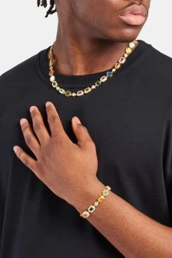 Multi Gemstone Motif Necklace & Bracelet - Gold