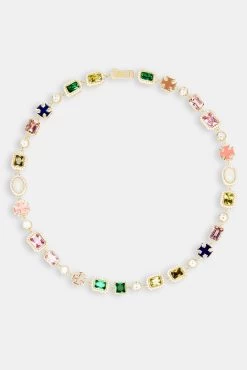 Multi Gemstone Motif Necklace - Gold Pink & Green -JWL CH MULTIGEMO1