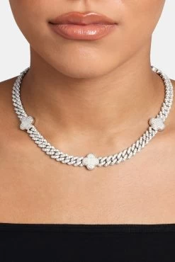 Womens Iced Motif Cuban Chain - White