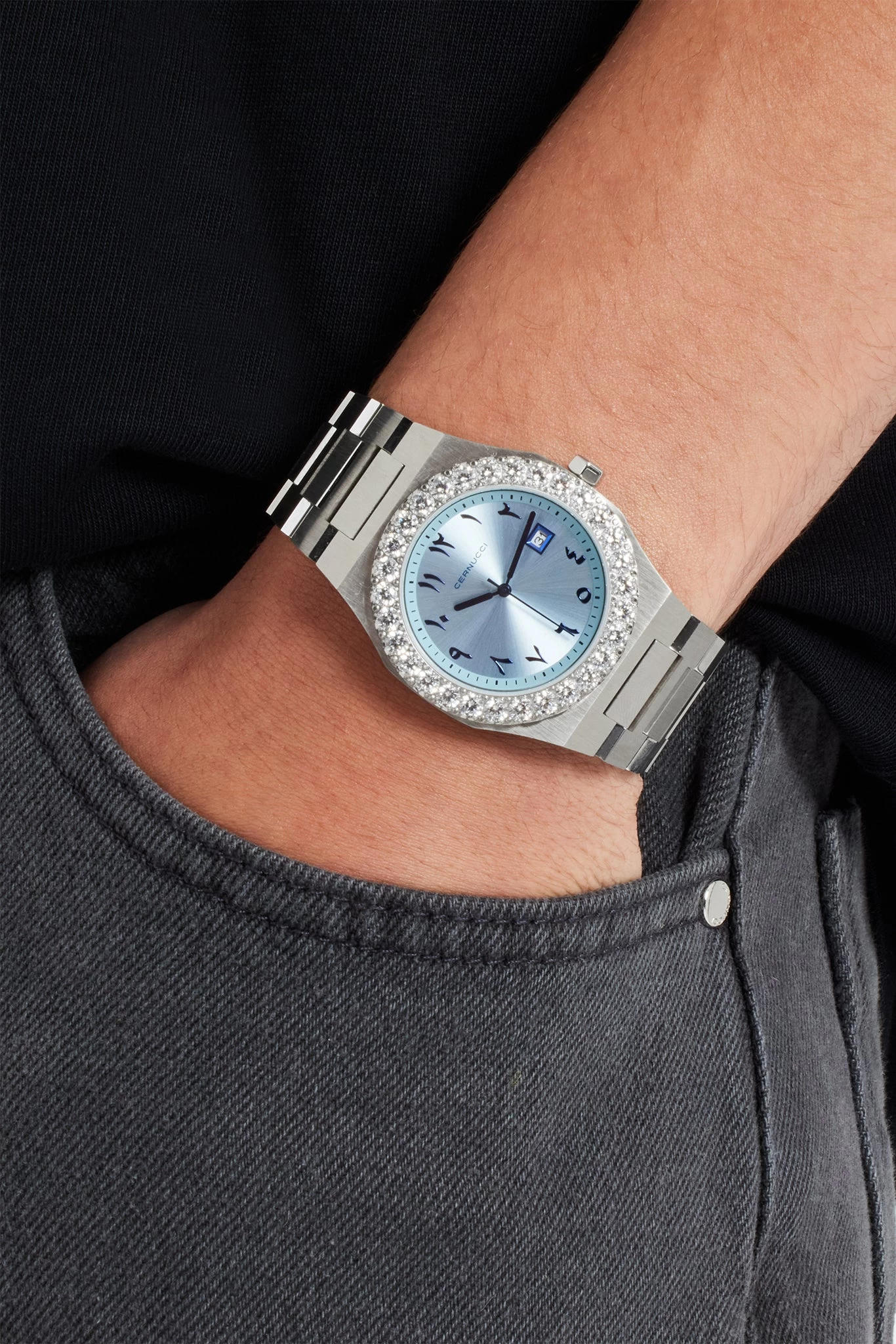 Blue Arabic Dial Iced Bezel Watch 5 Blue Arabic Dial Iced Bezel Watch - Image 3