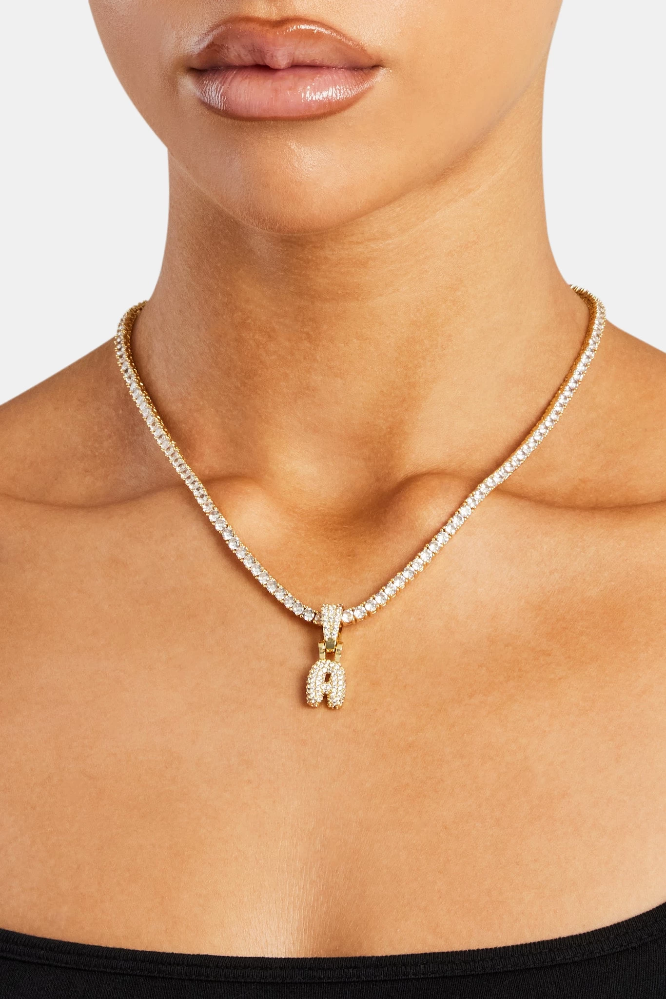 Iced Mini Bubble Pendant & Tennis Chain - Gold 3mm 3 Iced Mini Bubble Pendant & Tennis Chain - Gold 3mm