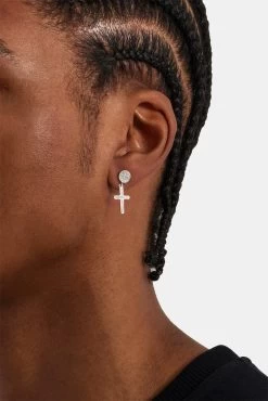 Iced Cross Drop Stud Earrings - White -JWL YSS 925 ICDSE WG 7851