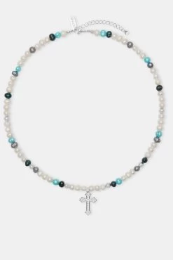 Blue Bead & Cross Freshwater Pearl Necklace 10 Blue Bead & Cross Freshwater Pearl Necklace -JWL ZH BLUEBDNKWGM