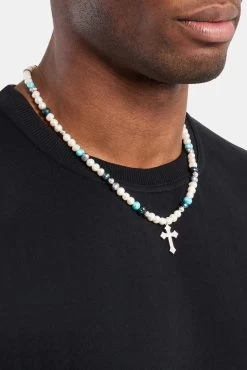 Blue Bead & Cross Freshwater Pearl Necklace 9 Blue Bead & Cross Freshwater Pearl Necklace -JWL ZH BLUEBDNKWGM1