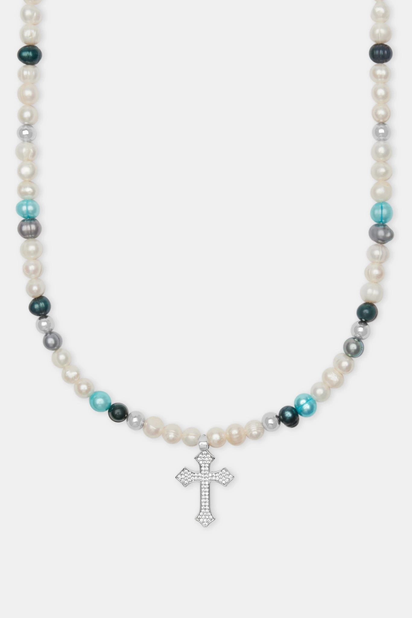 Blue Bead & Cross Freshwater Pearl Necklace 4 Blue Bead & Cross Freshwater Pearl Necklace - Image 2