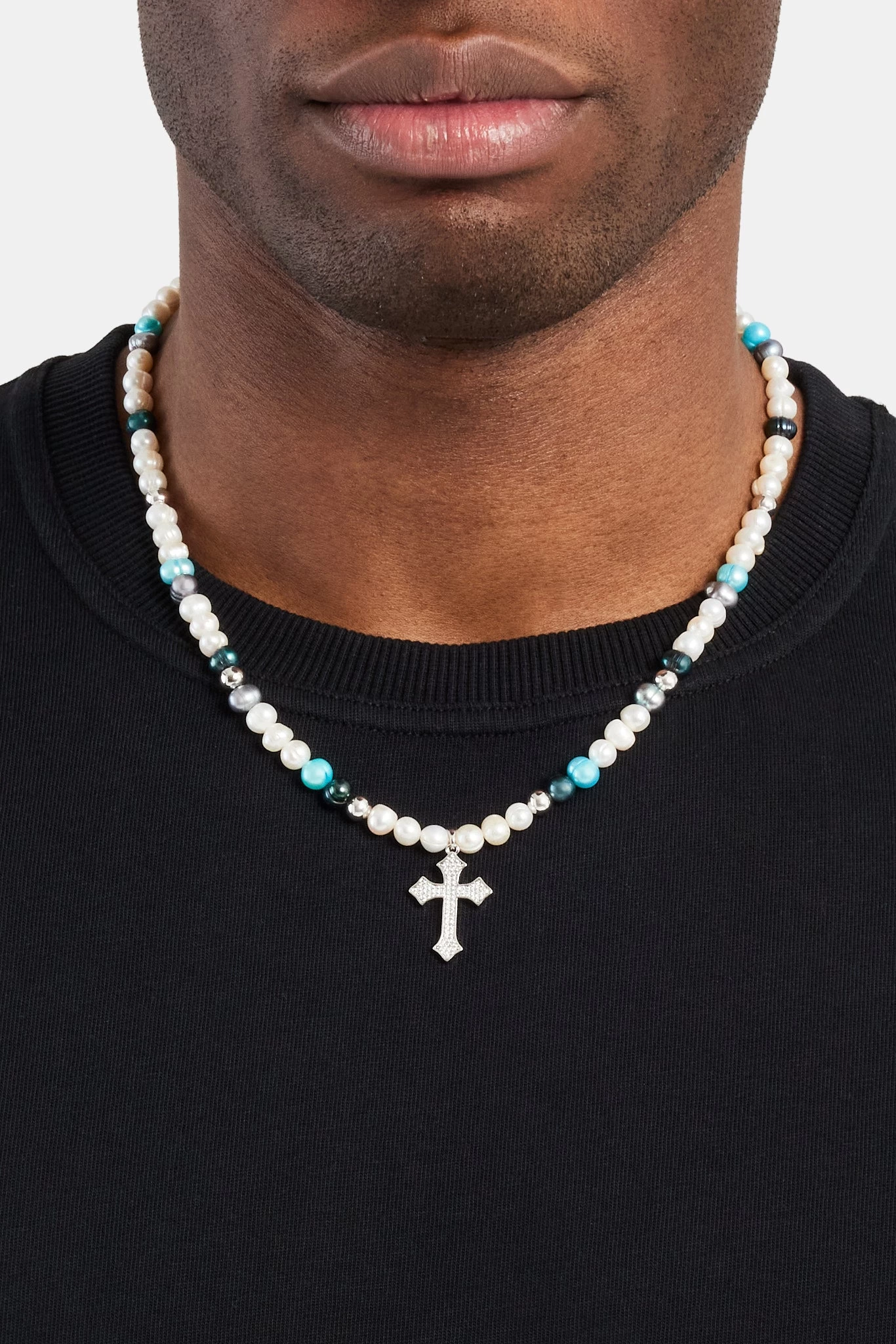 Blue Bead & Cross Freshwater Pearl Necklace 3 Blue Bead & Cross Freshwater Pearl Necklace