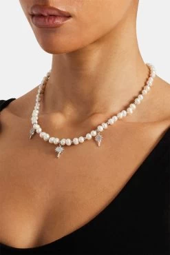 Iced Palm Tree Freshwater Pearl Necklace - 6mm -JWL ZH FPPALMNKWGW 13385