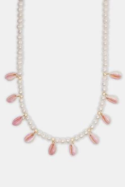 Freshwater Pearl Pink Cowrie Shell Necklace - Gold -JWL ZH PNKSHELLNK 1 2