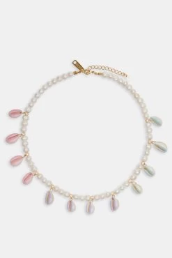 Freshwater Pearl Pastel Cowrie Shell Necklace - Gold -JWL ZH RNBSHELLNK