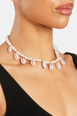 Freshwater Pearl Pastel Cowrie Shell Necklace - Gold -JWL ZH RNBSHELLNK 1