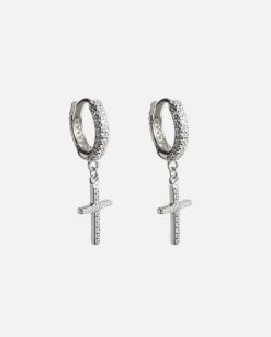 Iced Cross Earrings - Silver