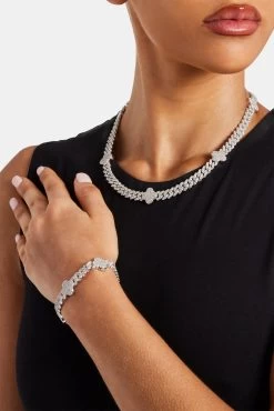 Womens Iced Motif Cuban Chain + Bracelet - White - 5mm
