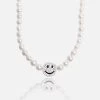 Pearl Happy Face Motif Necklace - White -JWL jm10 iced smiley pearl necklace 551926